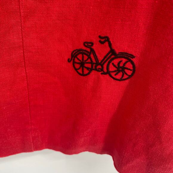 Coldwater Creek Dress Women’s 14 Red Linen Bicycle Embroidered Whimsical - Picture 4 of 8